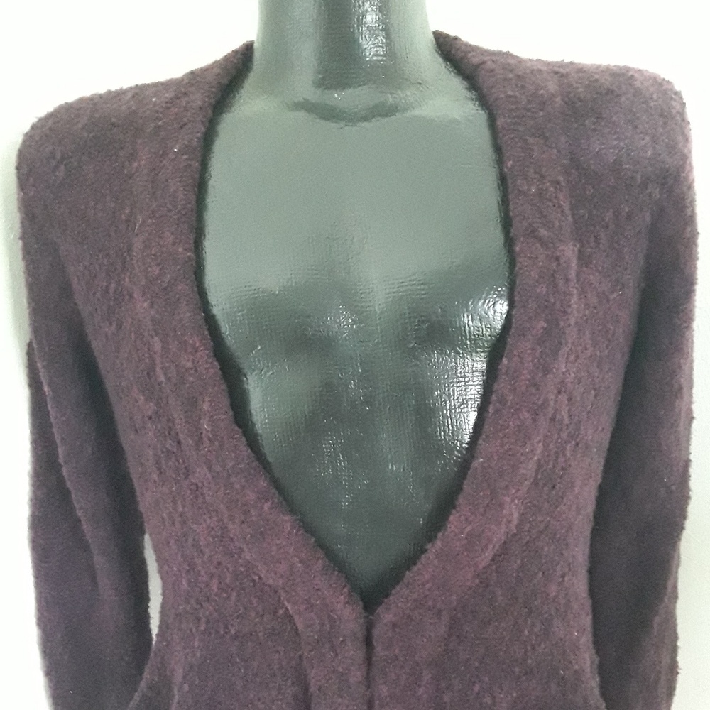 Moda International Women Ruffle Knit Cardigan Sweater M Burgundy Cozy Layered